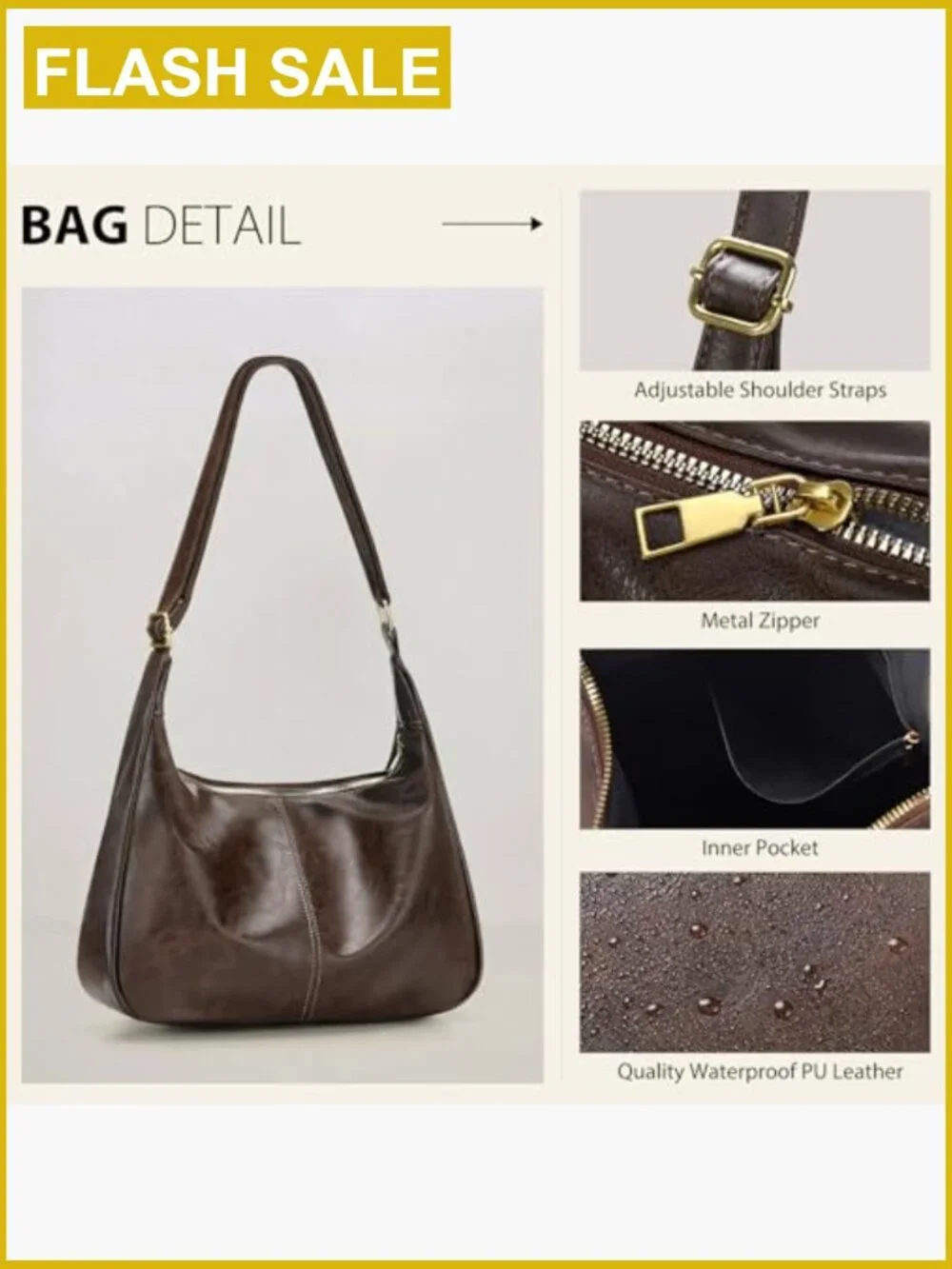 Vegan Leather Slouchy Hobo Bag Adjustable Strap Shoulder Crossbody Tote
